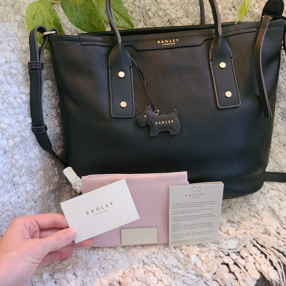 NWT Black Leather Radley London Zip-Top Tote Bag